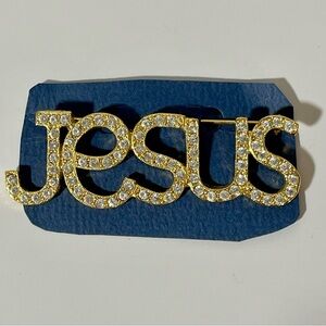 Jesus Gold Embossed Vintage Brooch with Cubic Zirconia,  Gemstones Religious​​​